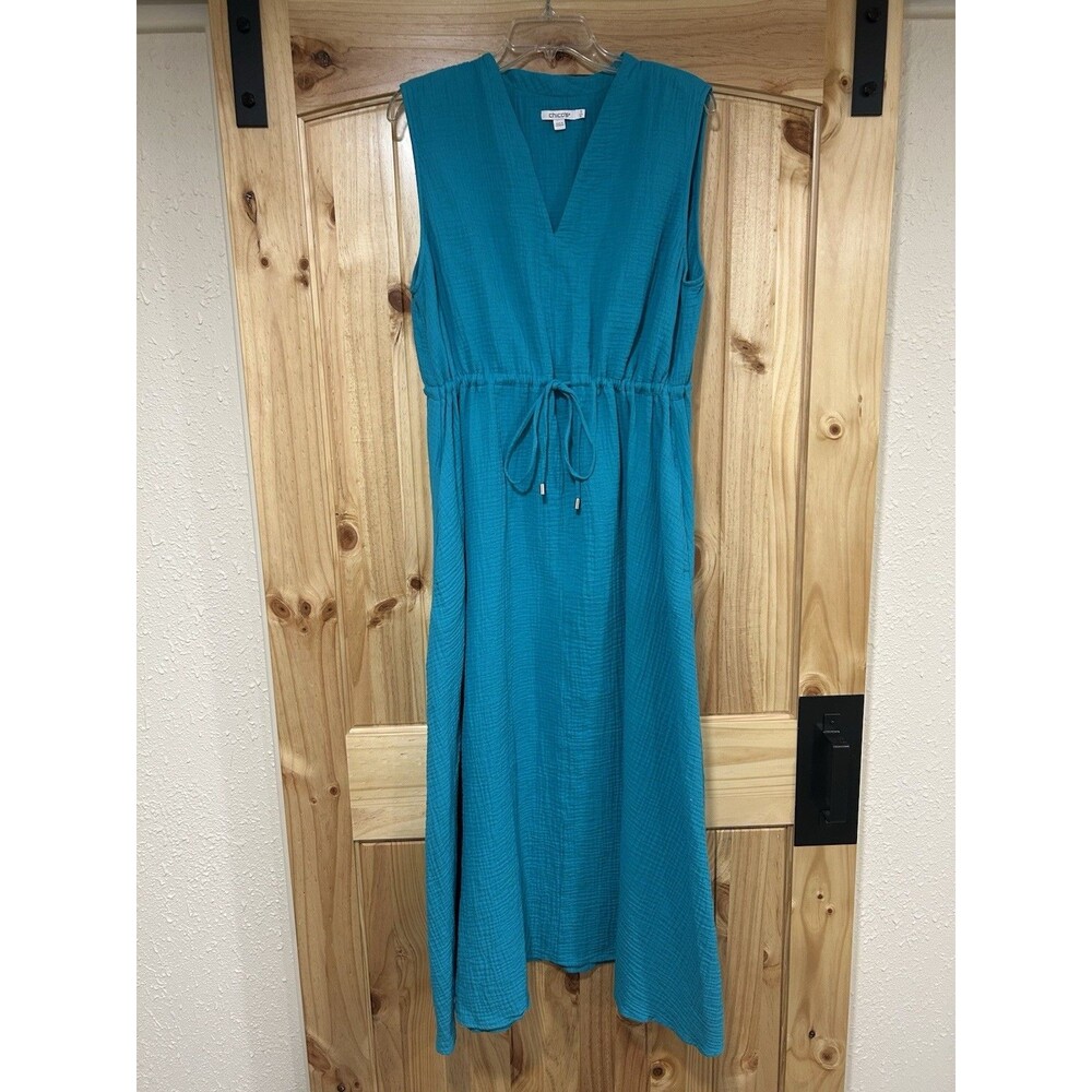 Chicos Maxi Gauze Dress Sleeveless Tie Waist V Neck Teal Blue Size 3 XL